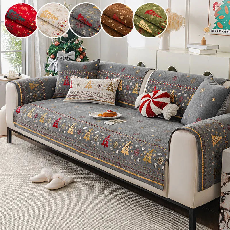 Sofa Decor Noel Festive Chenille Cushion Cover lifestyle product image for chenille sofa cushion cover in the UK - Green / 90X180cm