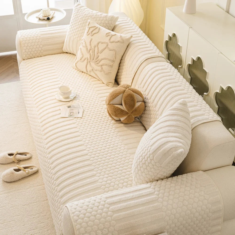 Sofa Decor Kora Geometric Fleece Sofa Cover lifestyle product image for stretch sofa cover in the UK - Navy / 90x180cm