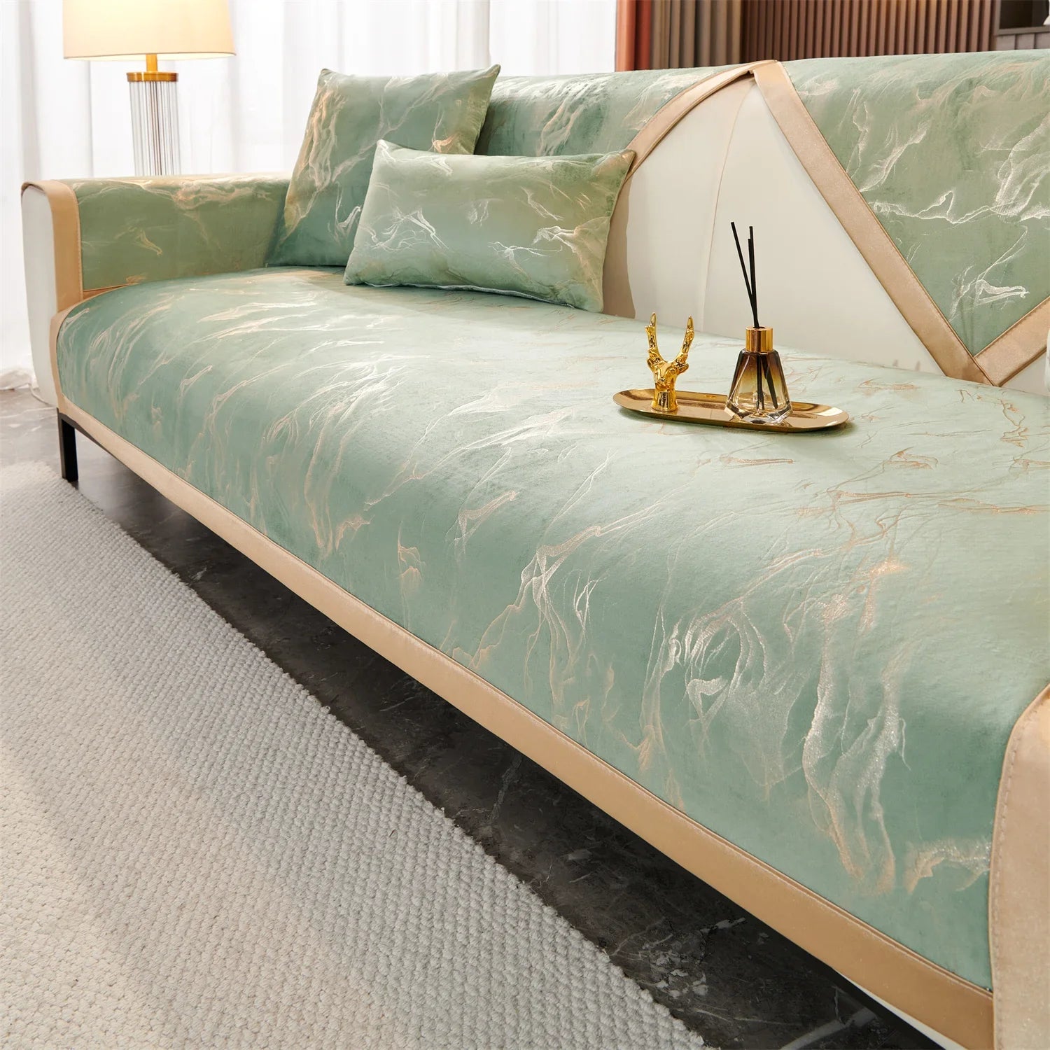 Sofa Decor Noira Marble Velvet Sofa Cover lifestyle product image for stretch sofa cover in the UK - Light Green / 90X70cm