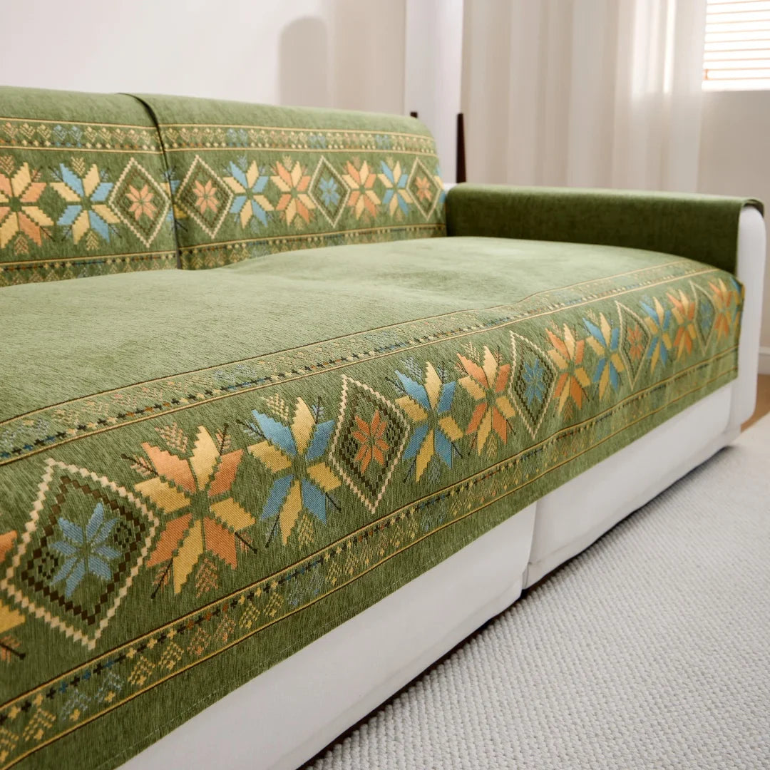 Sofa Decor Sorrento Jacquard Chenille Sofa Cover lifestyle product image for chenille sofa cover in the UK - Green / 70x150cm
