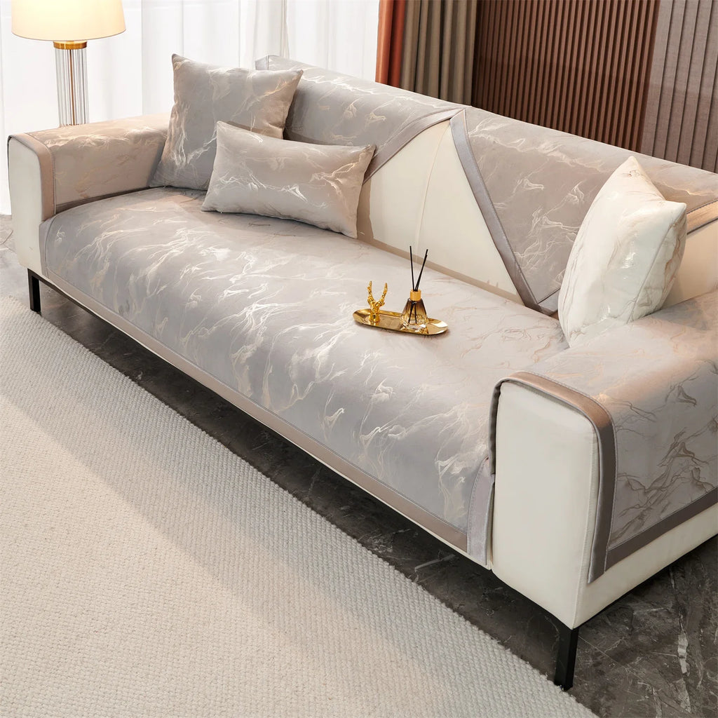 Sofa Decor Noira Marble Velvet Sofa Cover lifestyle product image for stretch sofa cover in the UK - Light Grey / 70X180cm