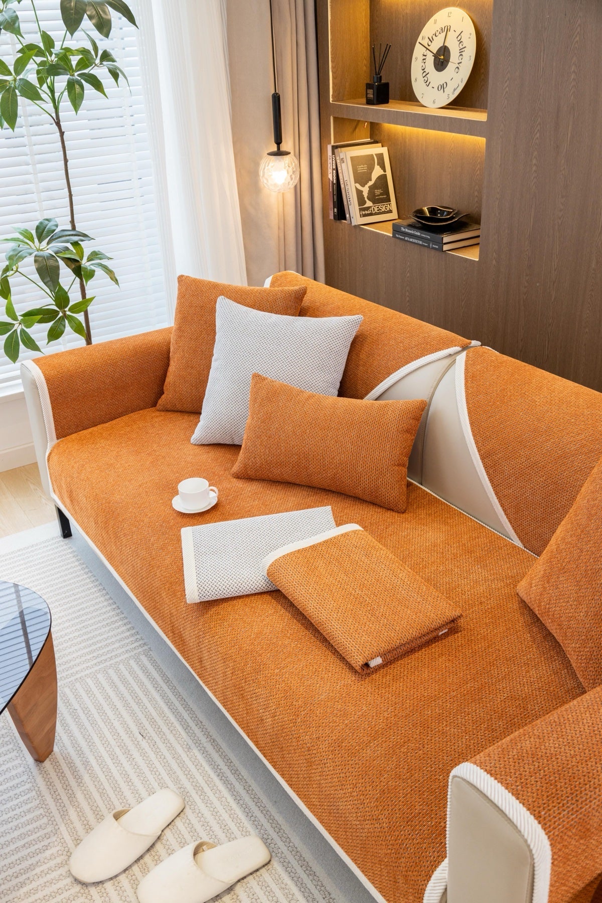 Sofa Decor Alessia Woven Chenille Sofa Seat Cover in Burnt Orange - lifestyle image for chenille sofa cover pieces in the UK