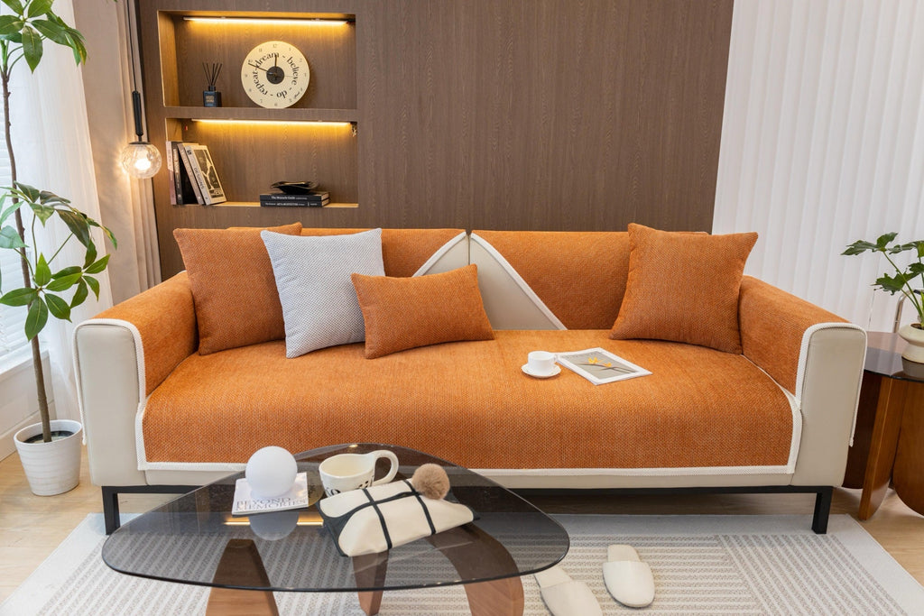 Sofa Decor Alessia Woven Chenille Sofa Seat Cover in Burnt Orange - detail image for chenille sofa cover pieces in the UK