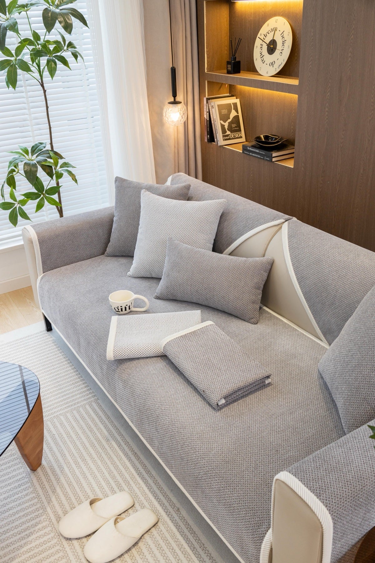 Sofa Decor Alessia Woven Chenille Sofa Seat Cover in Silver Grey - lifestyle image for chenille sofa cover pieces in the UK