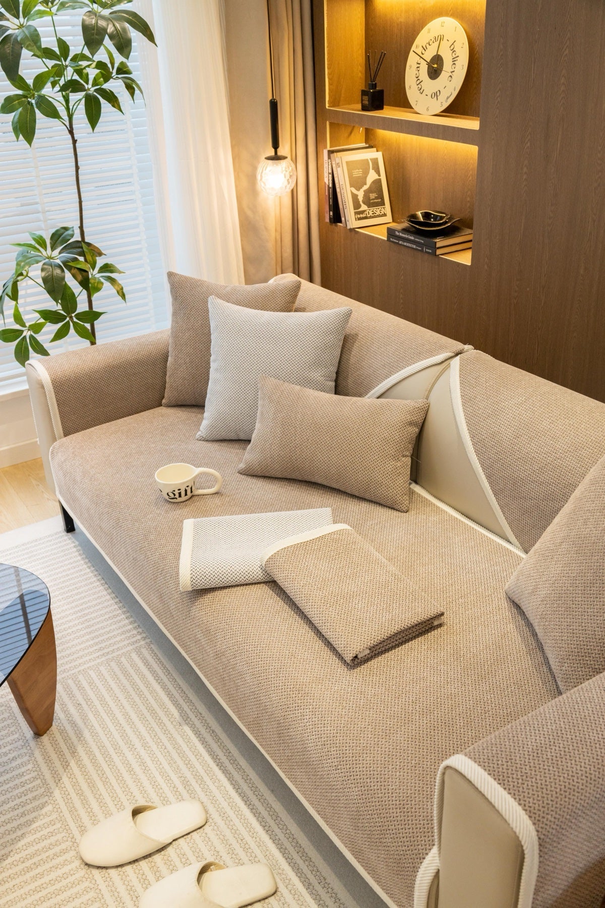 Sofa Decor Alessia Woven Chenille Sofa Seat Cover in Warm Beige - lifestyle image for chenille sofa cover pieces in the UK