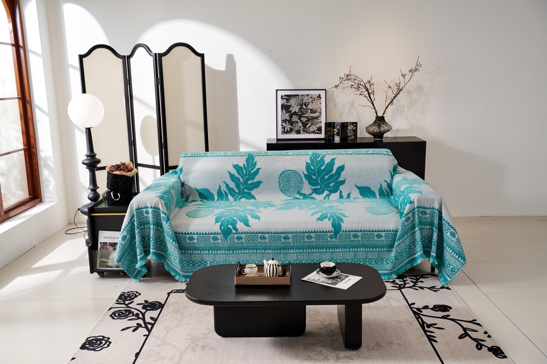 Sofa Decor Amalfi Palm Jacquard Sofa Throw Cover in Aqua Palm - palm jacquard sofa throw cover styled couch cover in the UK, image 28