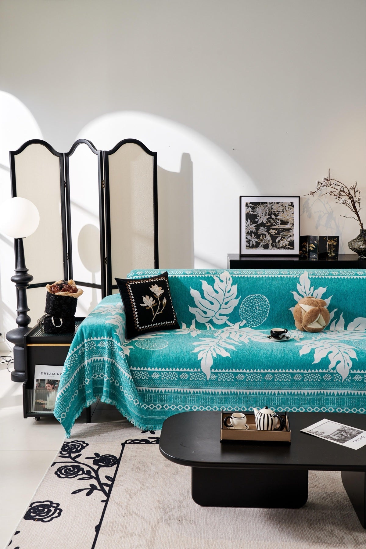 Sofa Decor Amalfi Palm Jacquard Sofa Throw Cover in Aqua Palm - palm jacquard sofa throw cover full sofa styling in the UK, image 31