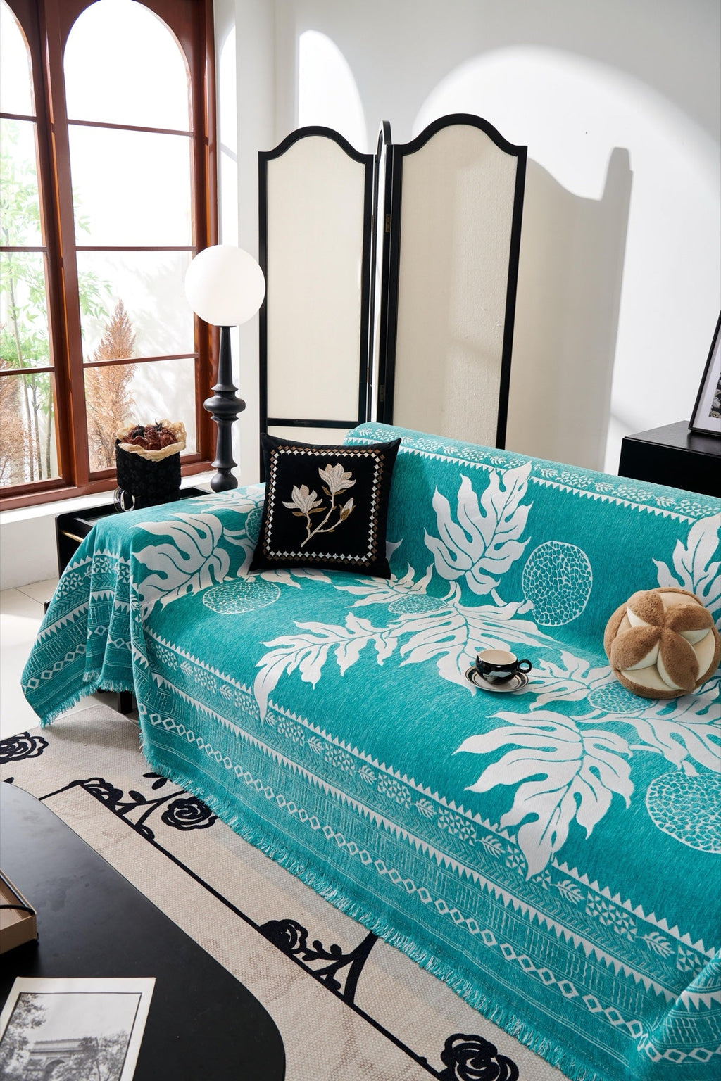 Sofa Decor Amalfi Palm Jacquard Sofa Throw Cover in Aqua Palm - palm jacquard sofa throw cover styled couch cover in the UK, image 32