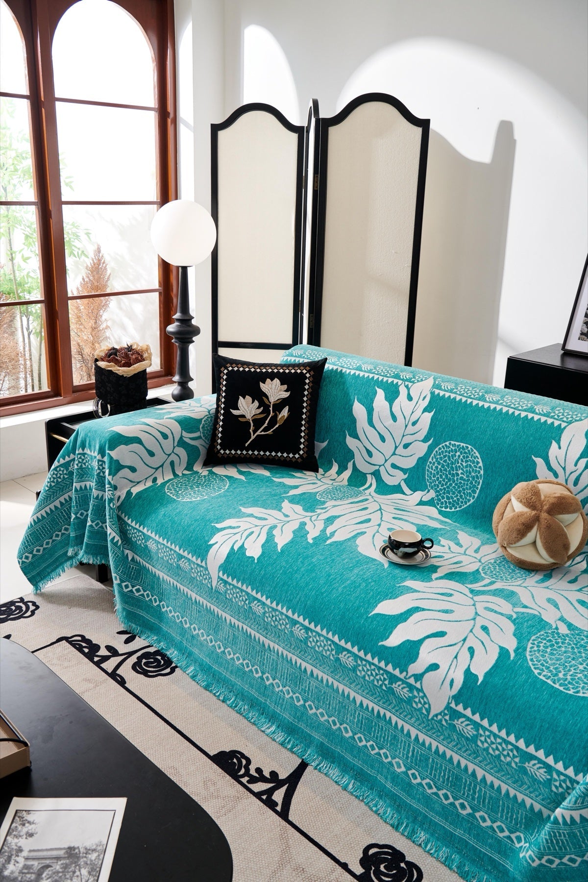 Sofa Decor Amalfi Palm Jacquard Sofa Throw Cover in Aqua Palm - palm jacquard sofa throw cover styled couch cover in the UK, image 32