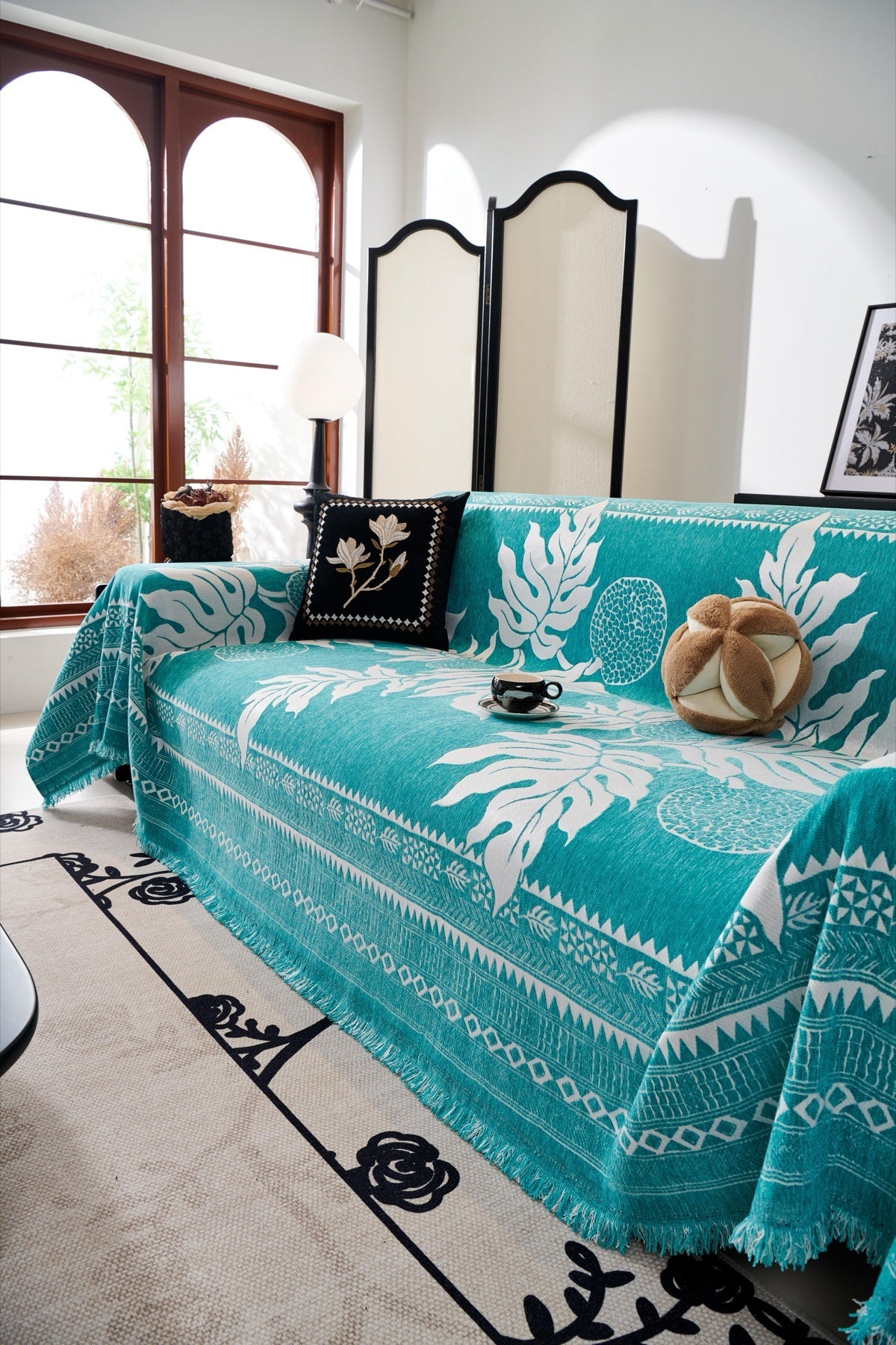 Sofa Decor Amalfi Palm Jacquard Sofa Throw Cover in Aqua Palm - palm jacquard sofa throw cover styled couch cover in the UK, image 33