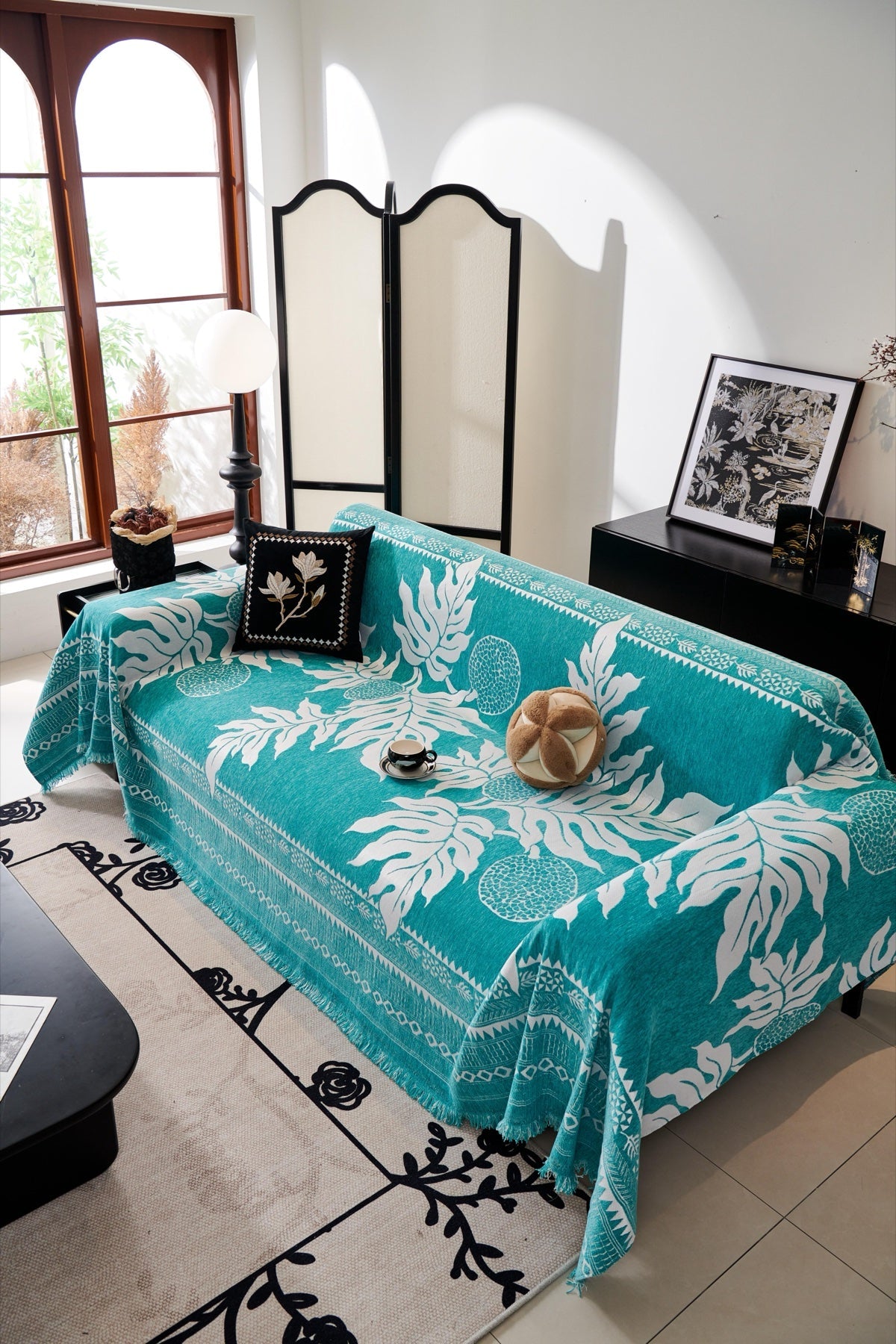 Sofa Decor Amalfi Palm Jacquard Sofa Throw Cover in Aqua Palm - palm jacquard sofa throw cover styled couch cover in the UK, image 34