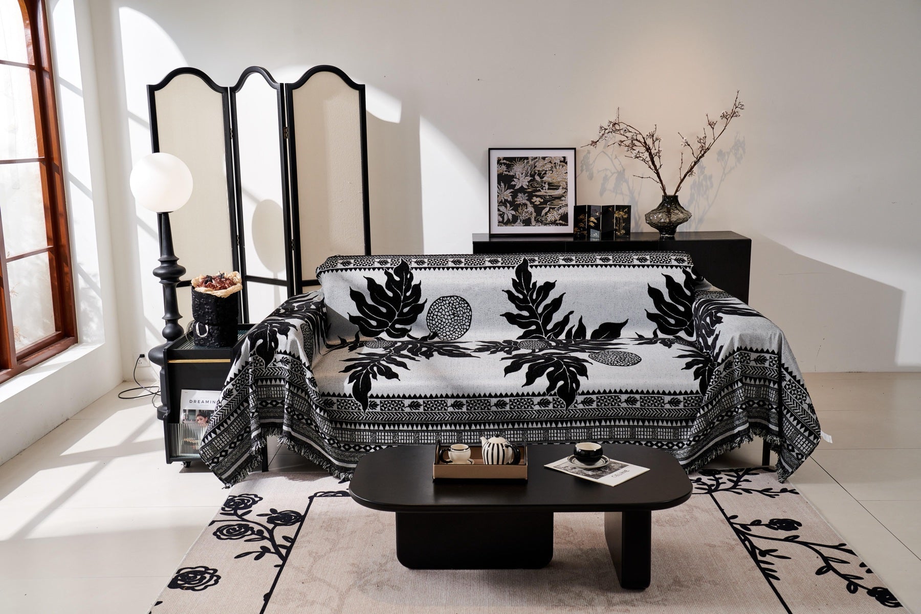 Sofa Decor Amalfi Palm Jacquard Sofa Throw Cover in Noir Palm - palm jacquard sofa throw cover styled couch cover in the UK, image 36