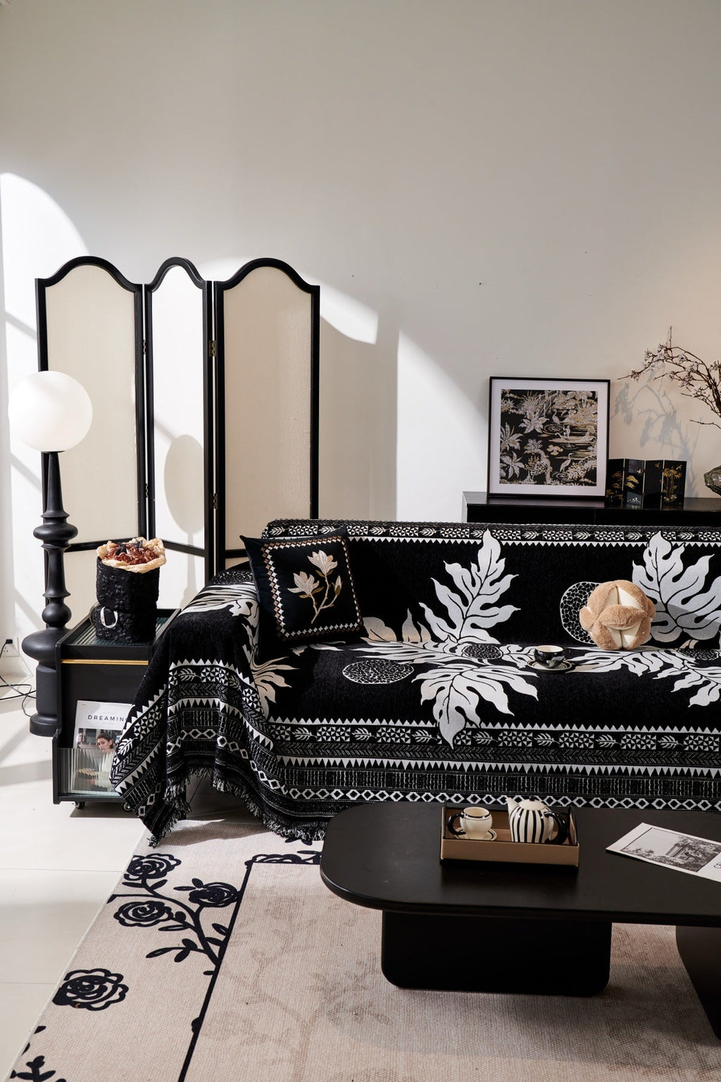 Sofa Decor Amalfi Palm Jacquard Sofa Throw Cover in Noir Palm - palm jacquard sofa throw cover styled couch cover in the UK, image 39
