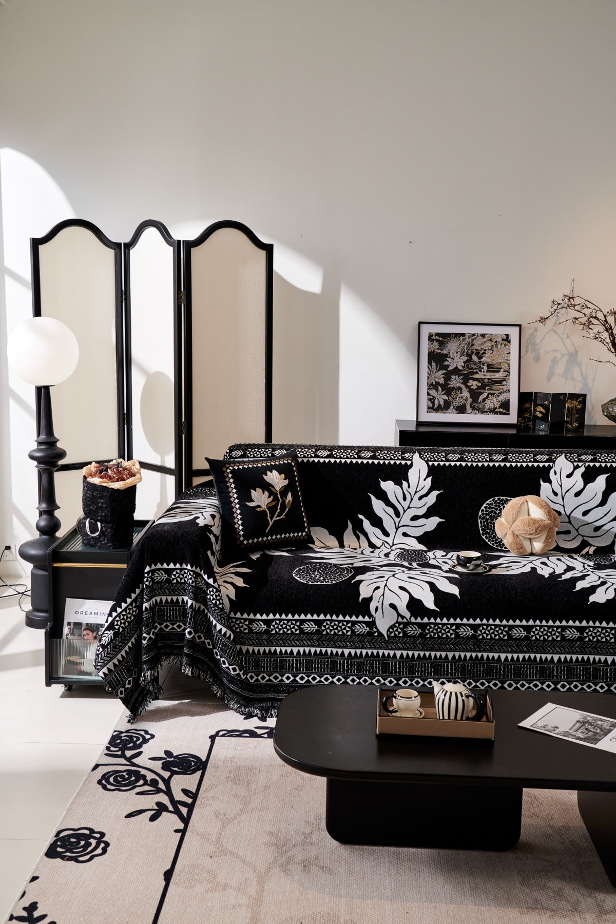 Sofa Decor Amalfi Palm Jacquard Sofa Throw Cover in Noir Palm - palm jacquard sofa throw cover styled couch cover in the UK, image 39