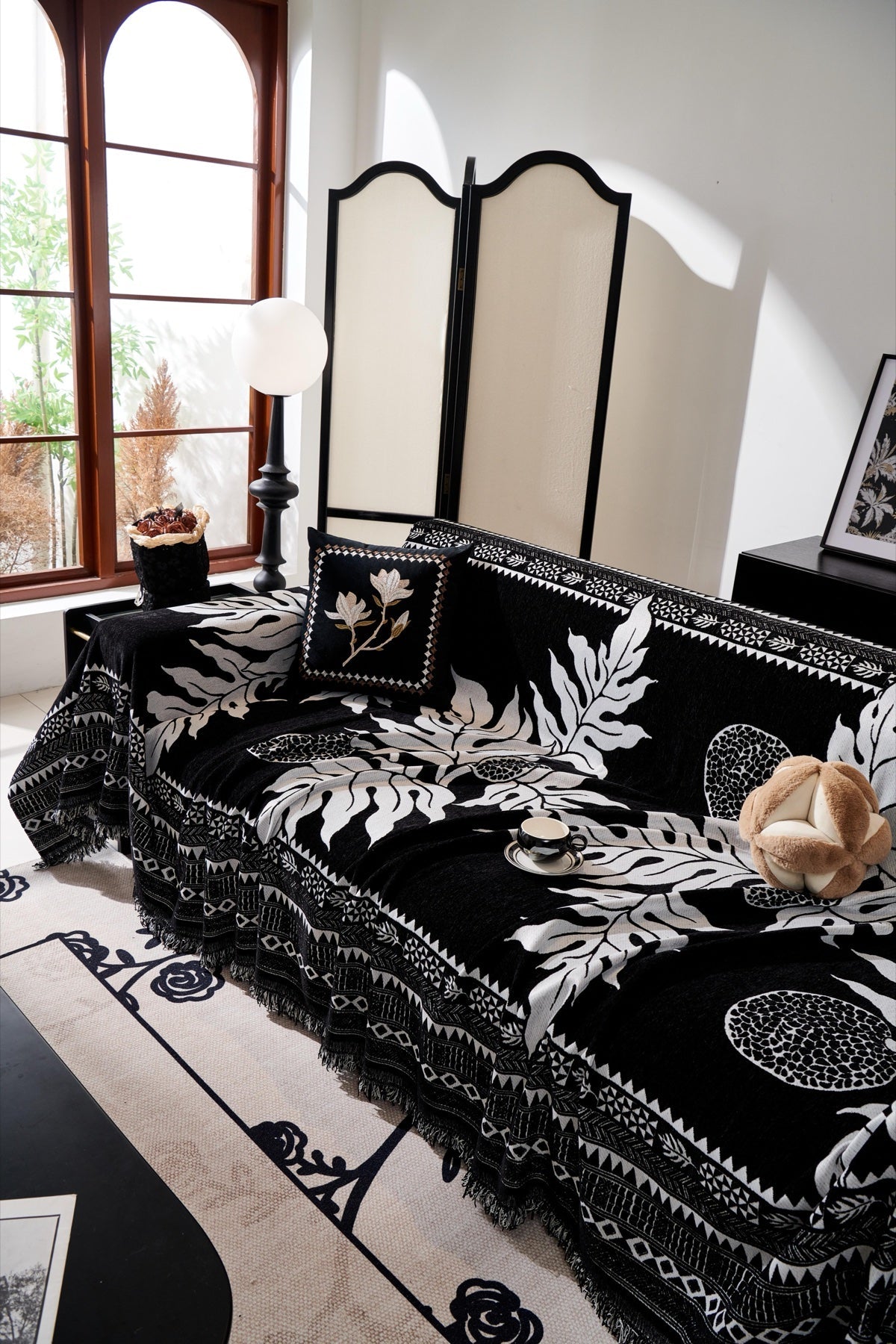 Sofa Decor Amalfi Palm Jacquard Sofa Throw Cover in Noir Palm - palm jacquard sofa throw cover styled couch cover in the UK, image 41