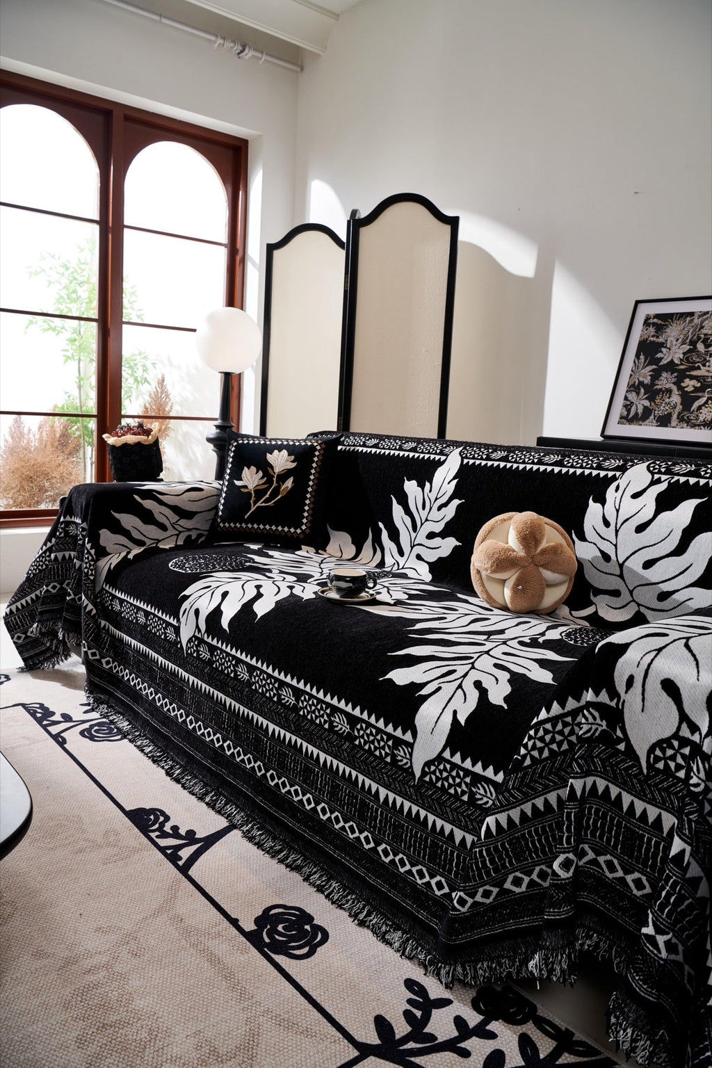 Sofa Decor Amalfi Palm Jacquard Sofa Throw Cover in Noir Palm - palm jacquard sofa throw cover styled couch cover in the UK, image 43