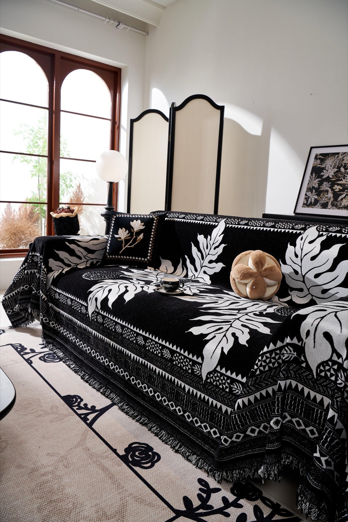 Sofa Decor Amalfi Palm Jacquard Sofa Throw Cover in Noir Palm - palm jacquard sofa throw cover styled couch cover in the UK, image 43