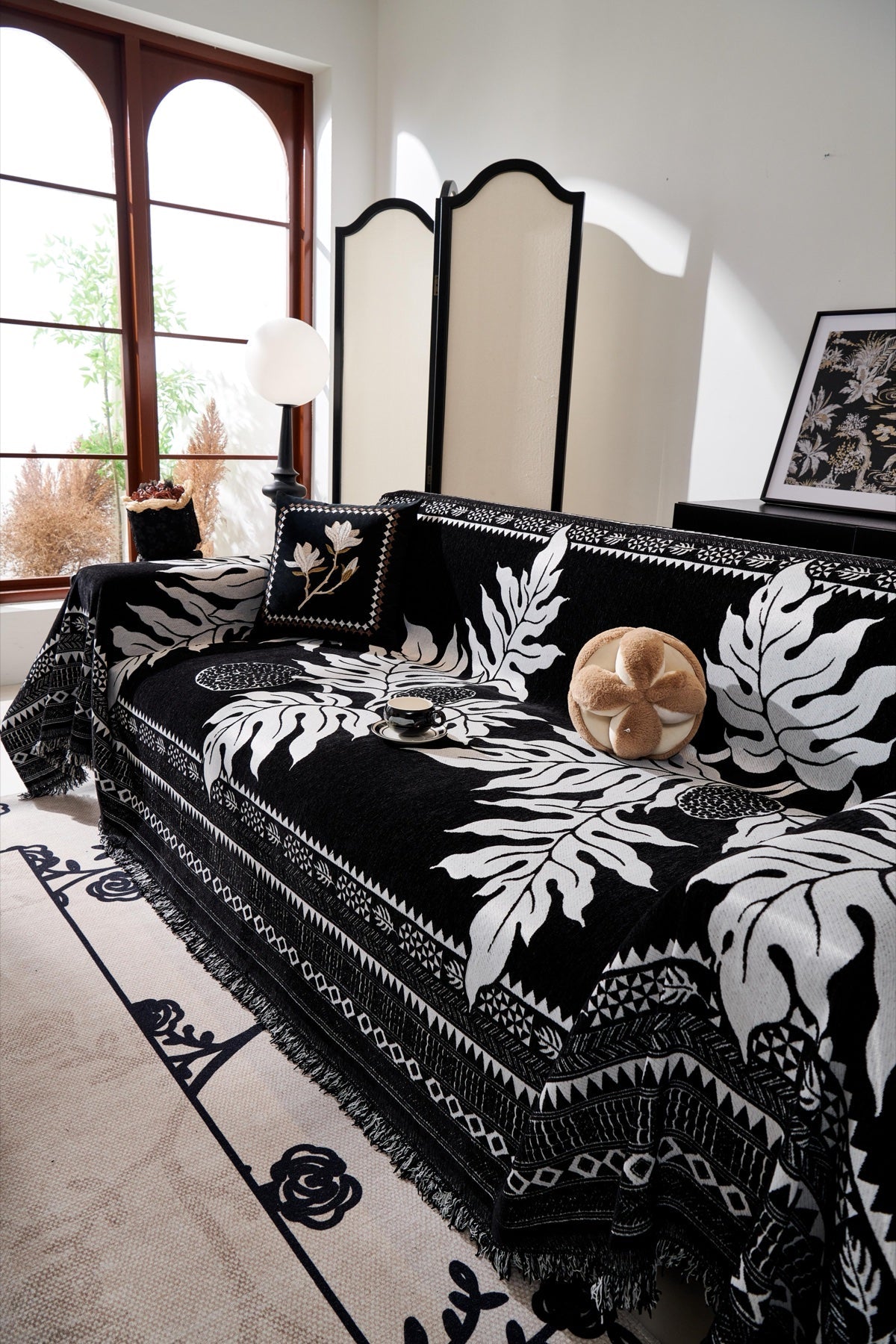 Sofa Decor Amalfi Palm Jacquard Sofa Throw Cover in Noir Palm - palm jacquard sofa throw cover styled couch cover in the UK, image 44