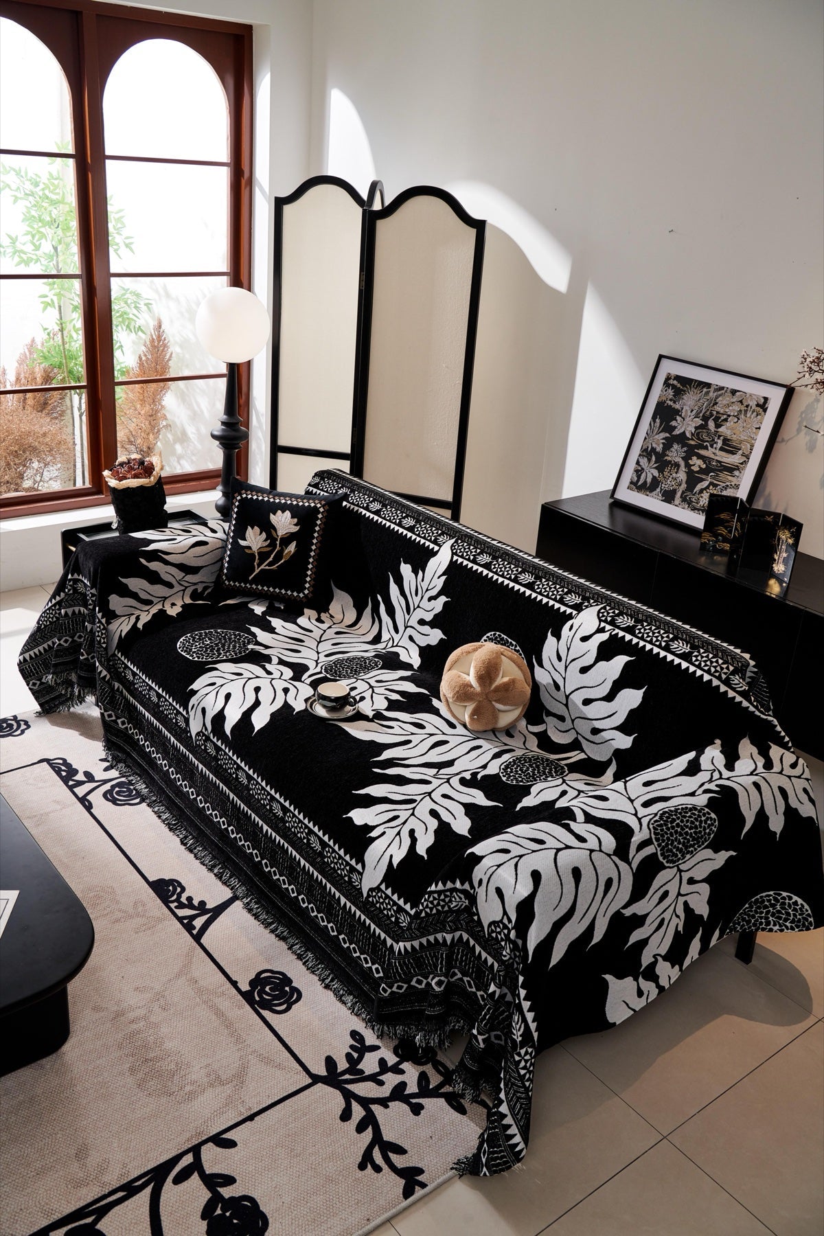 Sofa Decor Amalfi Palm Jacquard Sofa Throw Cover in Noir Palm - palm jacquard sofa throw cover styled couch cover in the UK, image 45