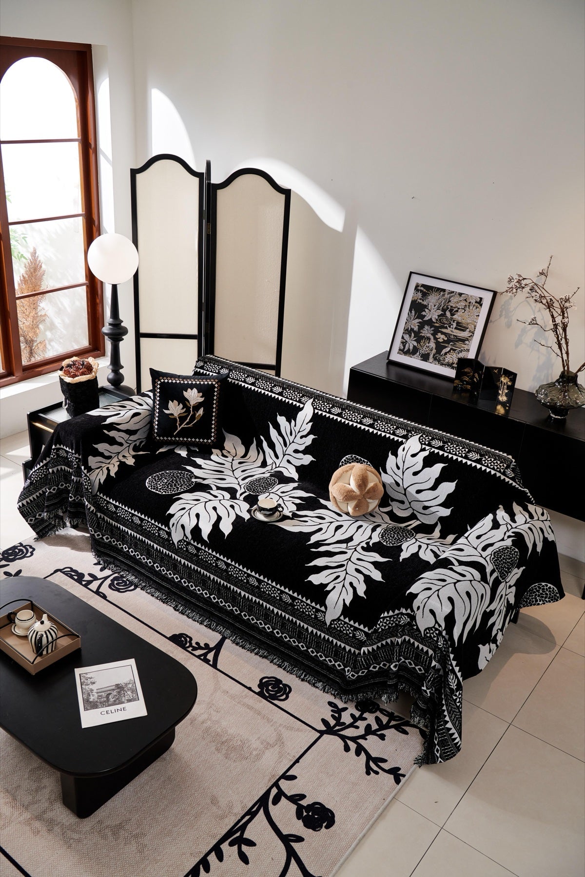 Sofa Decor Amalfi Palm Jacquard Sofa Throw Cover in Noir Palm - palm jacquard sofa throw cover styled couch cover in the UK, image 46