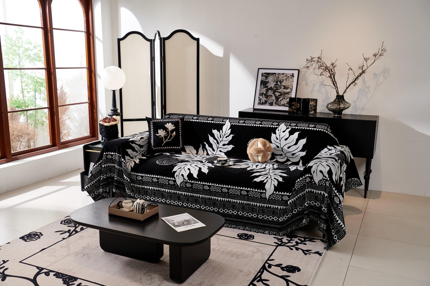 Sofa Decor Amalfi Palm Jacquard Sofa Throw Cover in Noir Palm - palm jacquard sofa throw cover full sofa styling in the UK, image 47