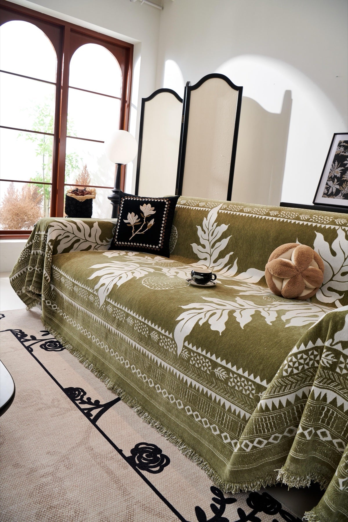 Sofa Decor Amalfi Palm Jacquard Sofa Throw Cover in Olive Palm - palm jacquard sofa throw cover styled couch cover in the UK, image 54