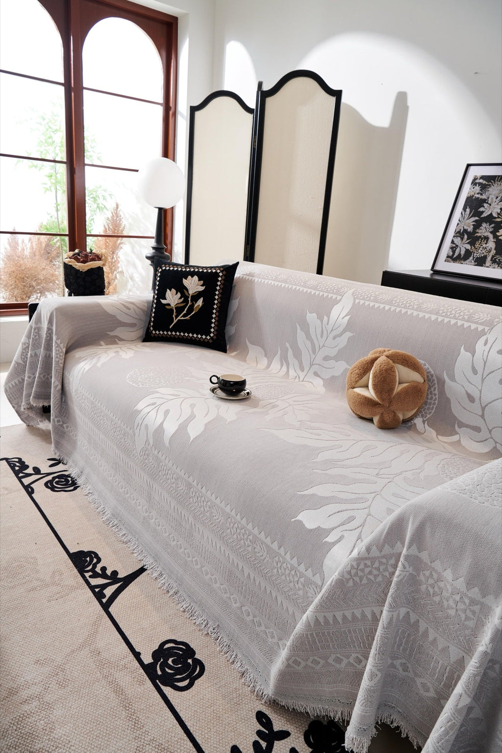 Sofa Decor Amalfi Palm Jacquard Sofa Throw Cover in Silver Palm - palm jacquard sofa throw cover styled couch cover in the UK, image 12