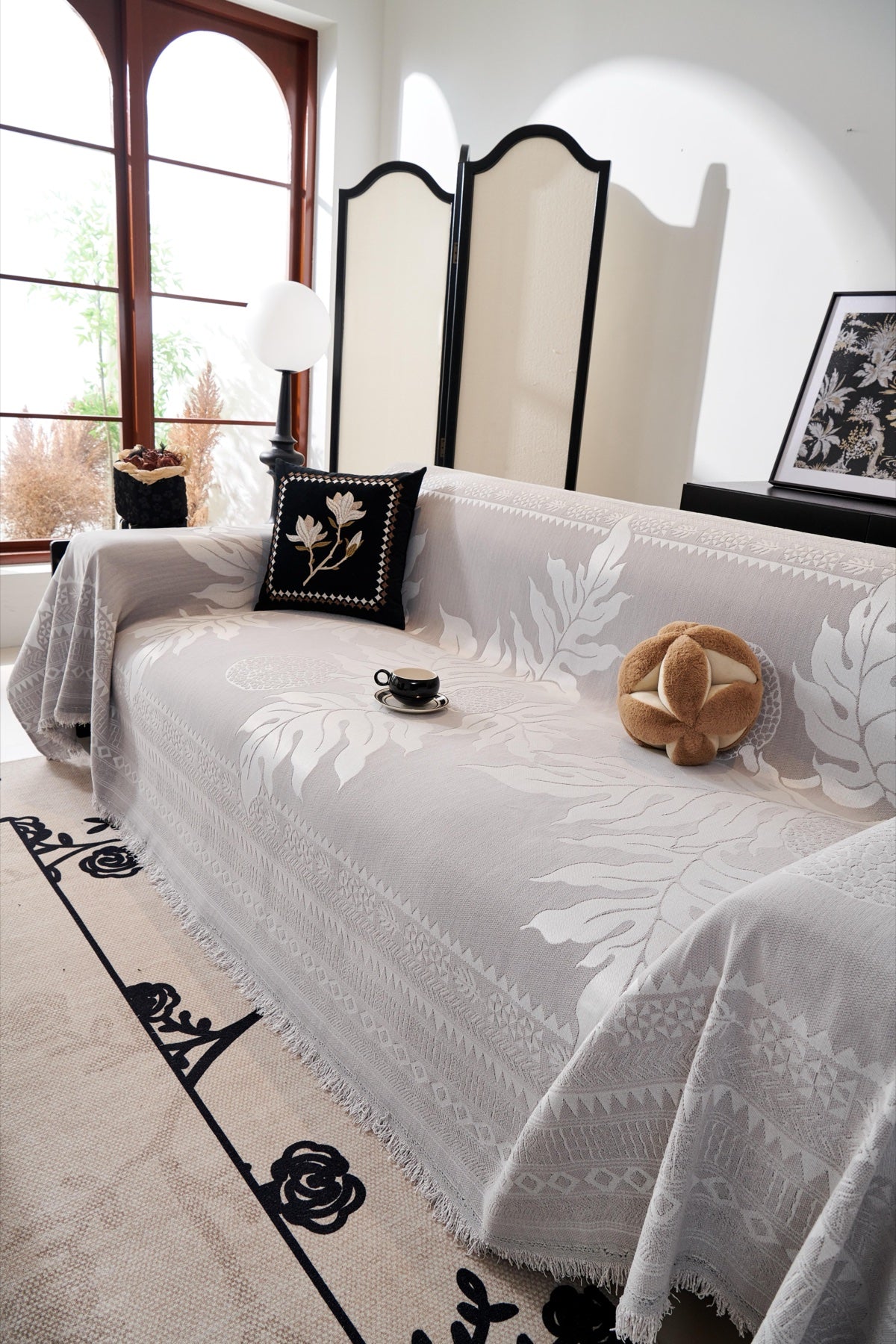 Sofa Decor Amalfi Palm Jacquard Sofa Throw Cover in Silver Palm - palm jacquard sofa throw cover styled couch cover in the UK, image 12