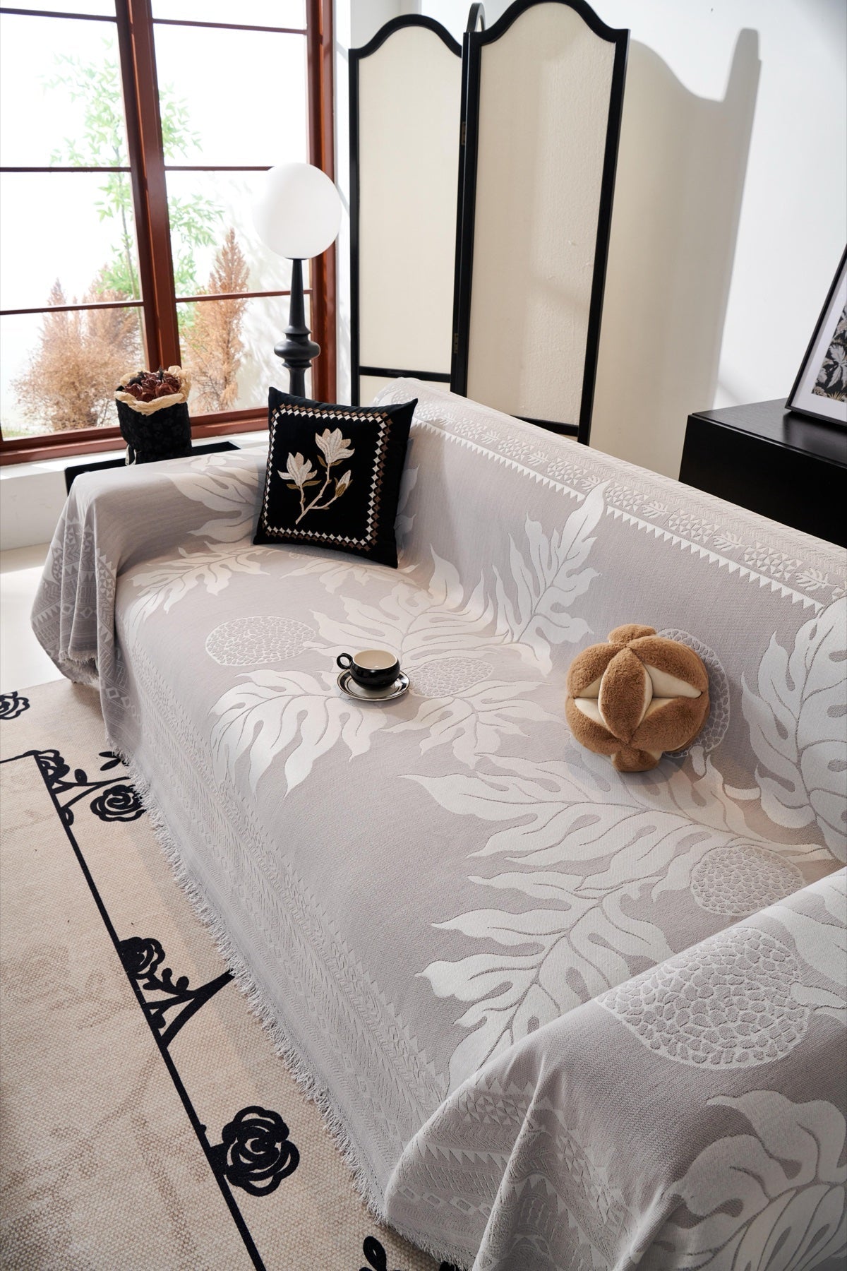 Sofa Decor Amalfi Palm Jacquard Sofa Throw Cover in Silver Palm - palm jacquard sofa throw cover styled couch cover in the UK, image 13
