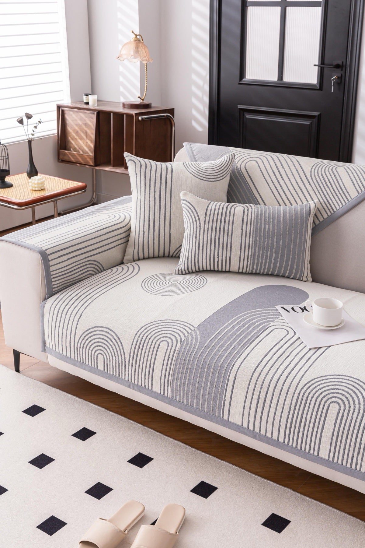 Sofa Decor Arcadia Arch Line Sofa Cover in Silver Grey - styled sofa image for water resistant patterned couch covers in the UK