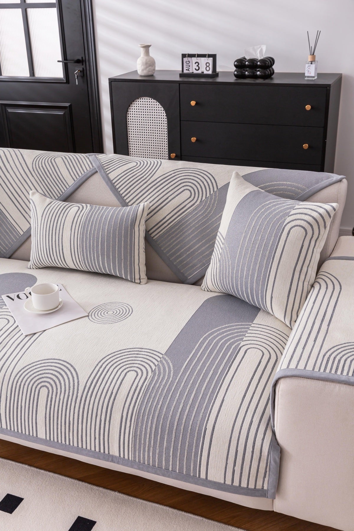 Sofa Decor Arcadia Arch Line Sofa Cover in Silver Grey - styled sofa image for water resistant patterned couch covers in the UK
