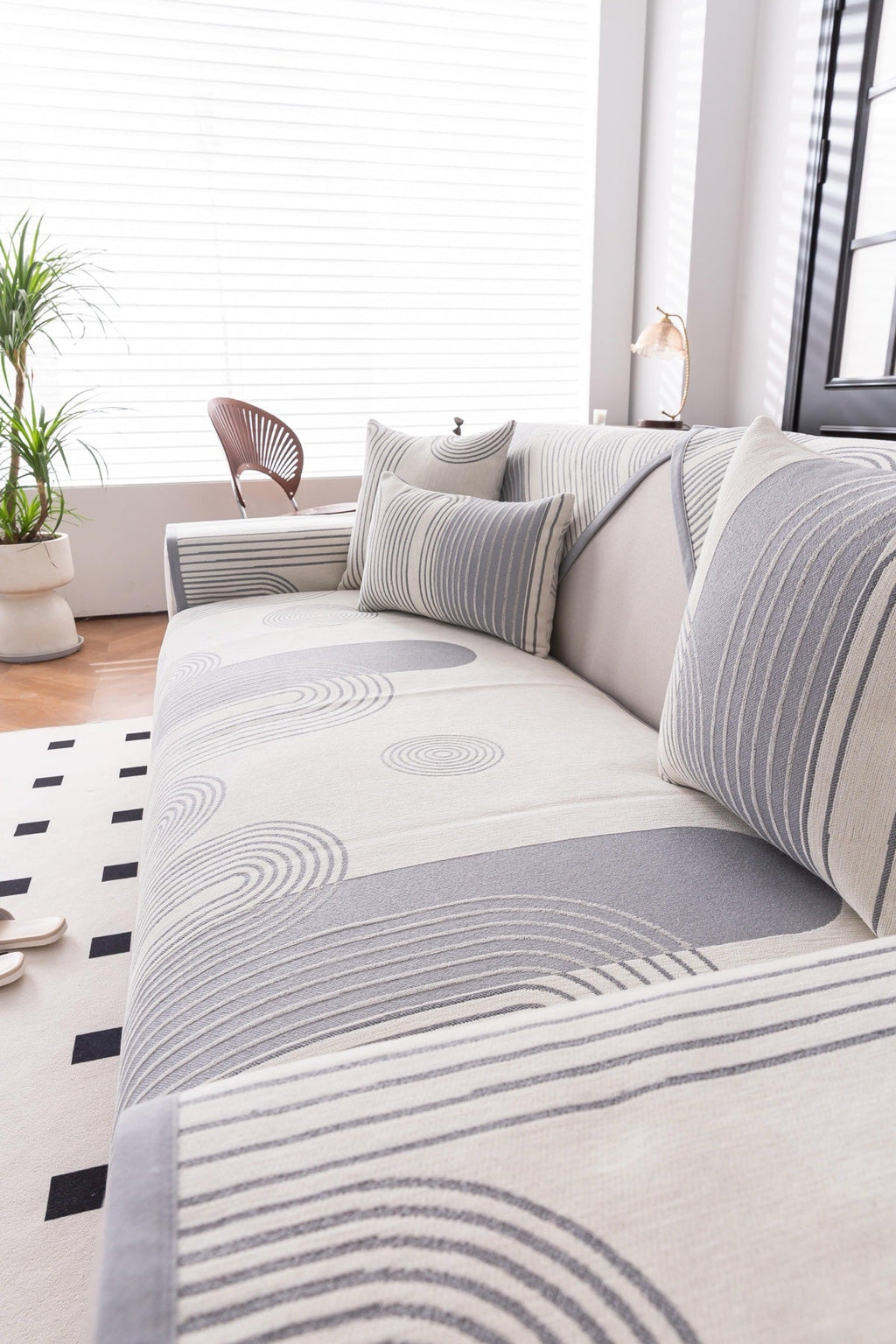 Sofa Decor Arcadia Arch Line Sofa Cover in Silver Grey - styled sofa image for water resistant patterned couch covers in the UK