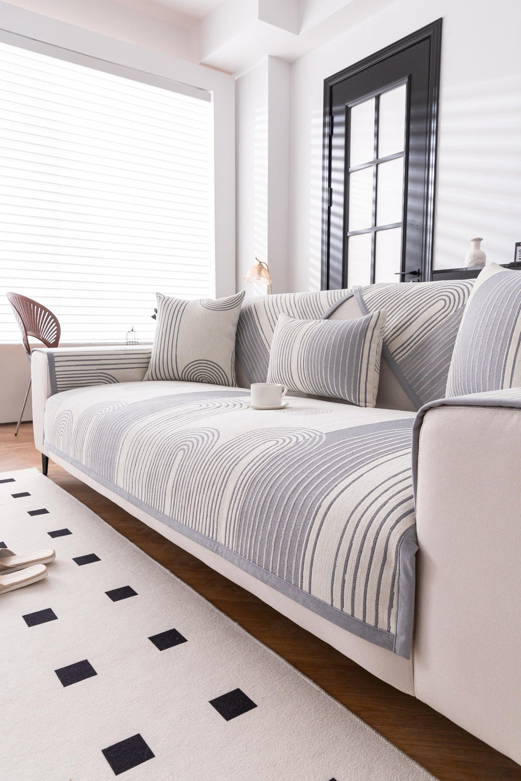 Sofa Decor Arcadia Arch Line Sofa Cover in Silver Grey - styled sofa image for water resistant patterned couch covers in the UK