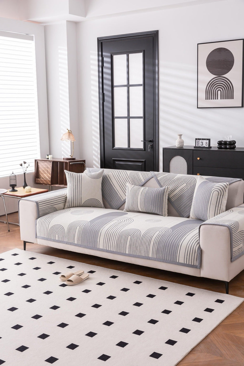Sofa Decor Arcadia Arch Line Sofa Cover in Silver Grey - styled sofa image for water resistant patterned couch covers in the UK