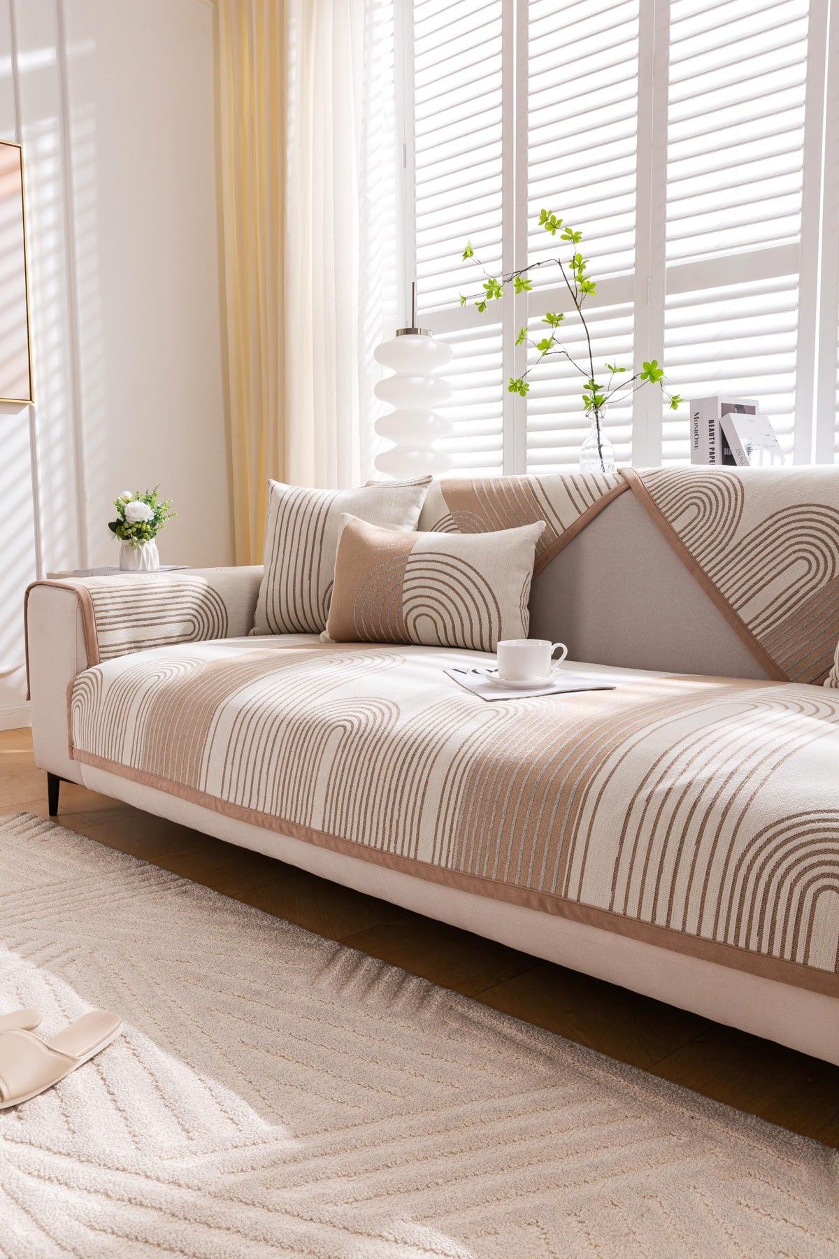 Sofa Decor Arcadia Arch Line Sofa Cover in Taupe Cream - styled sofa image for water resistant patterned couch covers in the UK