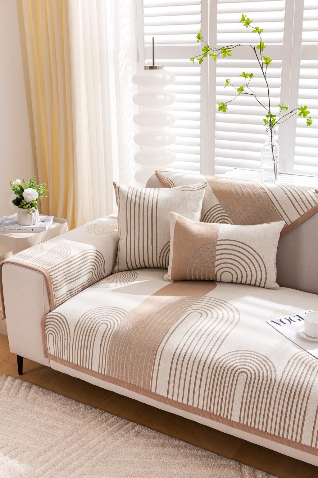 Sofa Decor Arcadia Arch Line Sofa Cover in Taupe Cream - styled sofa image for water resistant patterned couch covers in the UK
