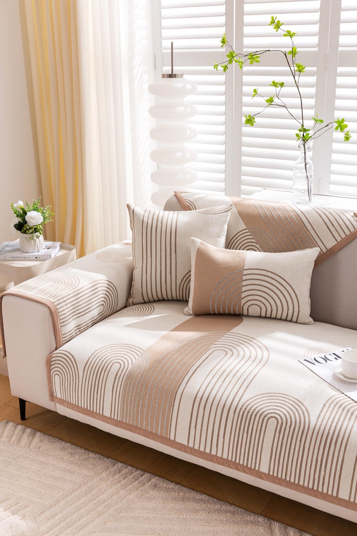 Sofa Decor Arcadia Arch Line Sofa Cover in Taupe Cream - styled sofa image for water resistant patterned couch covers in the UK