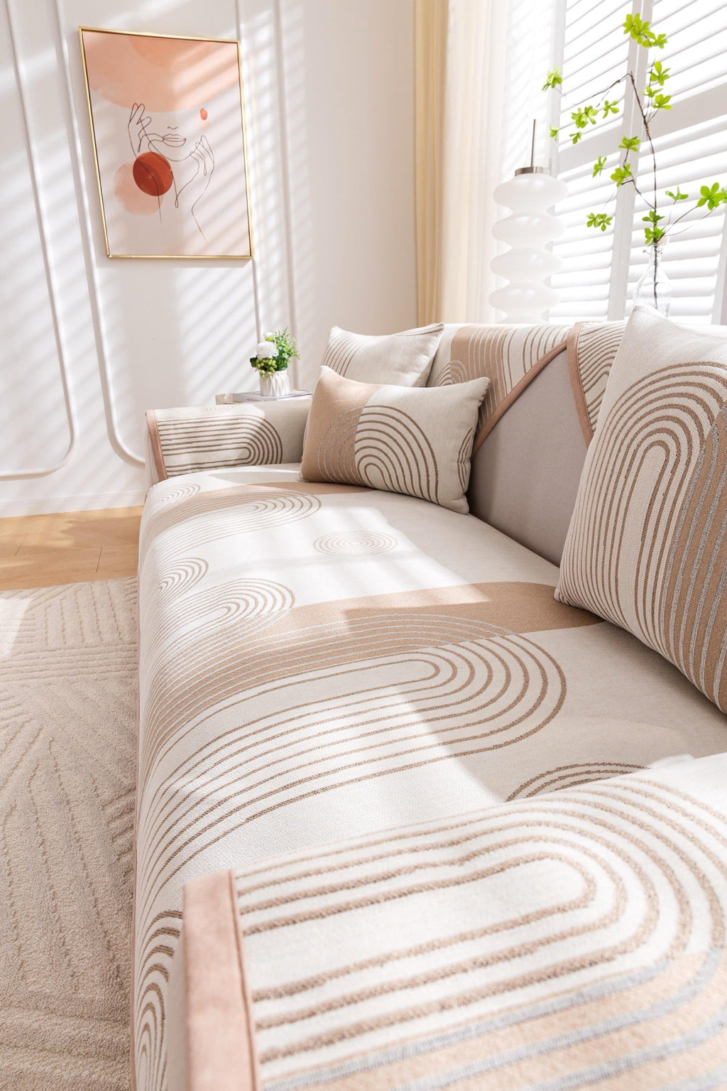 Sofa Decor Arcadia Arch Line Sofa Cover in Taupe Cream - styled sofa image for water resistant patterned couch covers in the UK