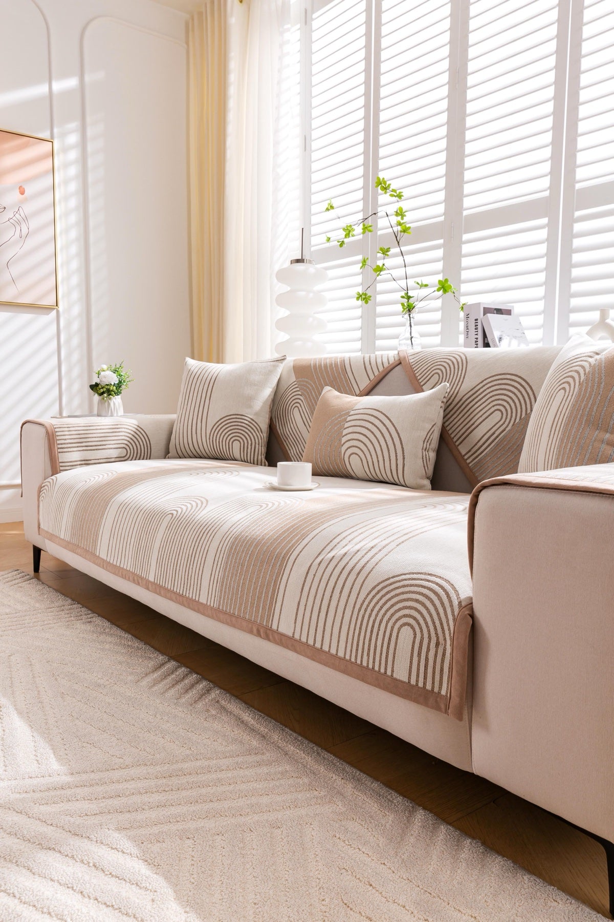 Sofa Decor Arcadia Arch Line Sofa Cover in Taupe Cream - styled sofa image for water resistant patterned couch covers in the UK