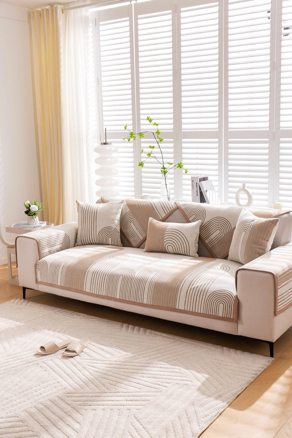 Sofa Decor Arcadia Arch Line Sofa Cover in Taupe Cream - styled sofa image for water resistant patterned couch covers in the UK