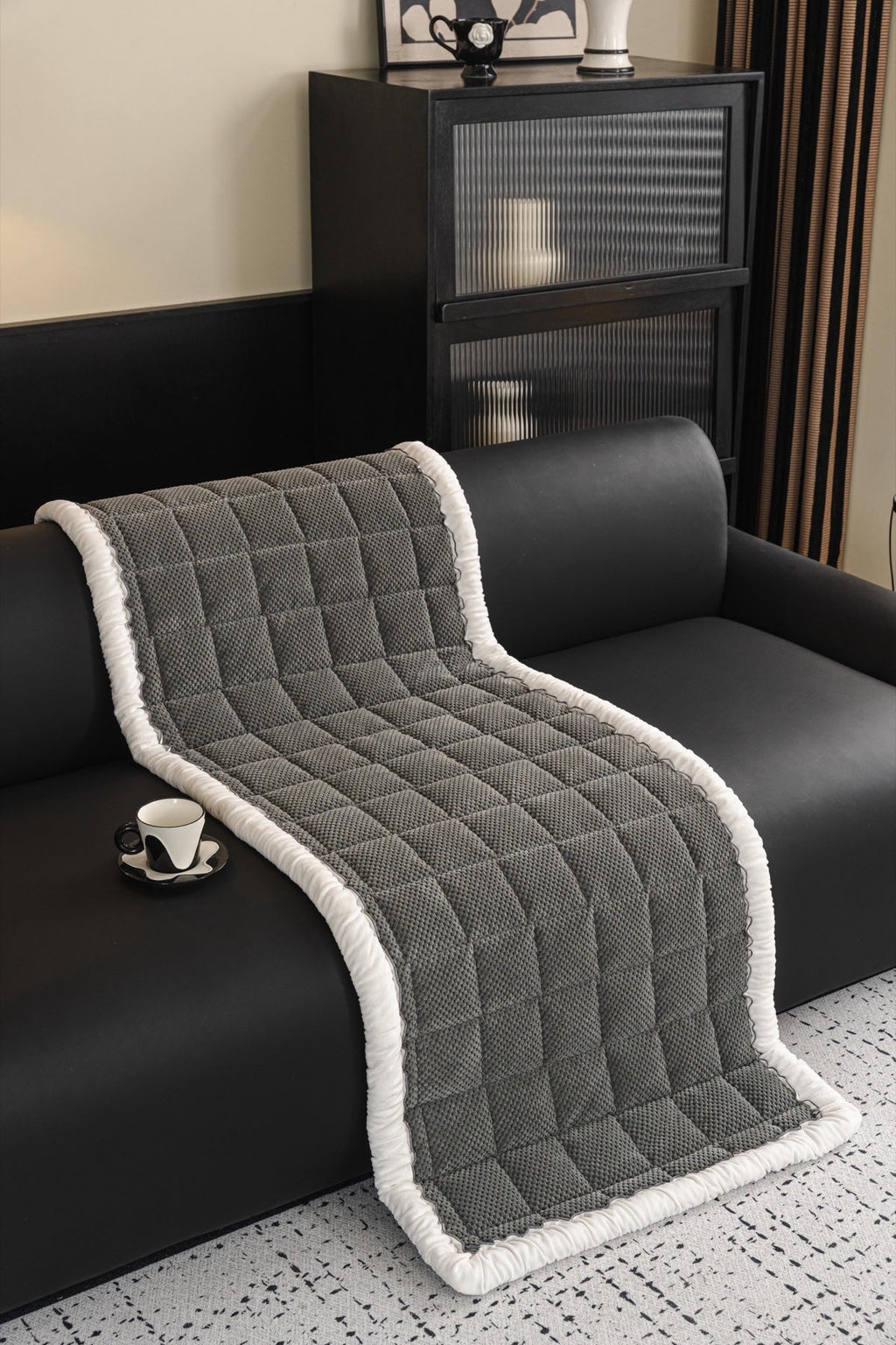 Sofa Decor Aspen Quilted Sherpa Sofa Seat Cover in Charcoal Grey Sherpa - draped sofa fit view for quilted sofa seat covers in the UK