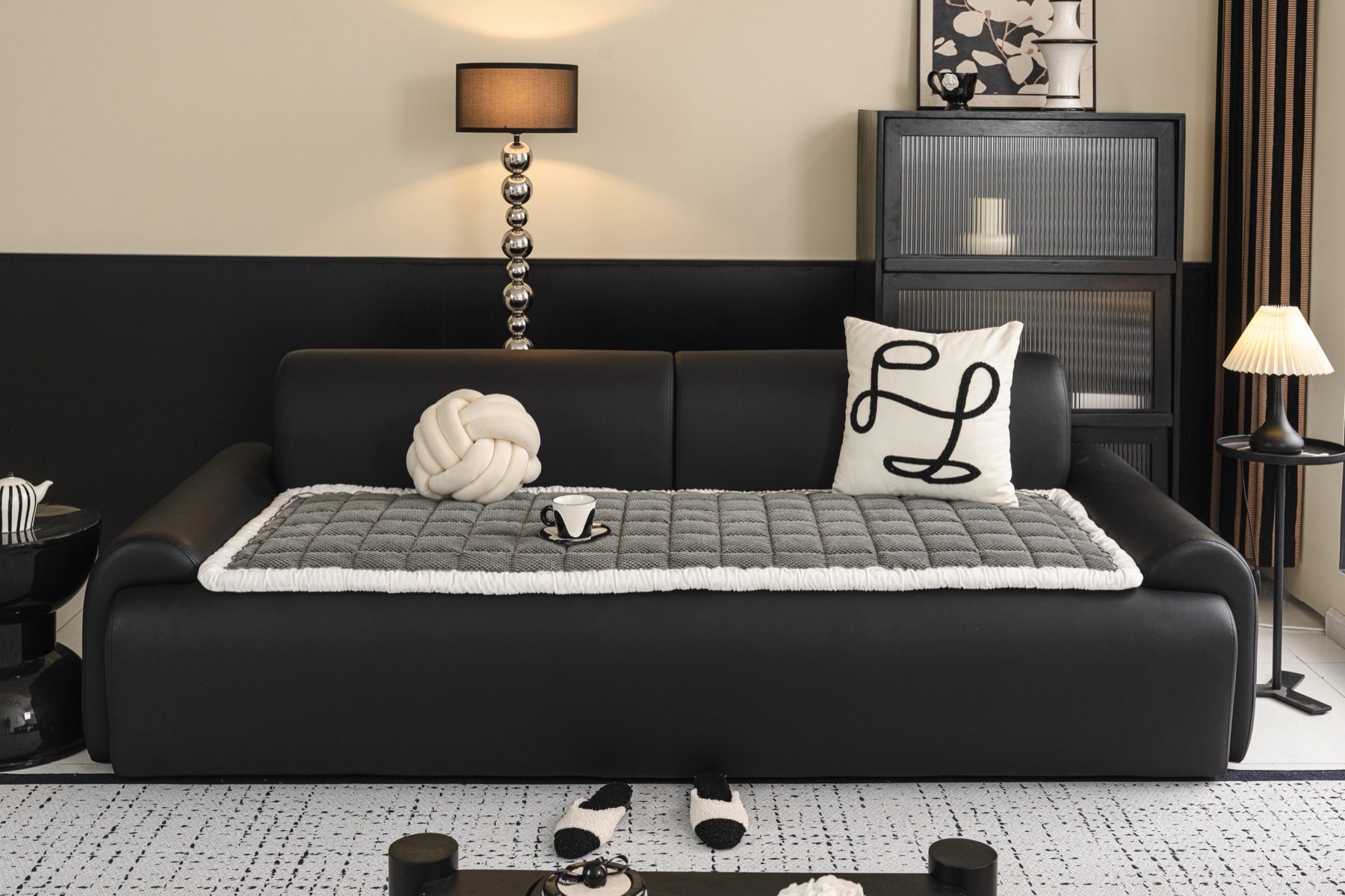 Sofa Decor Aspen Quilted Sherpa Sofa Seat Cover in Charcoal Grey Sherpa - front sofa seat fit view for quilted sofa seat covers in the UK