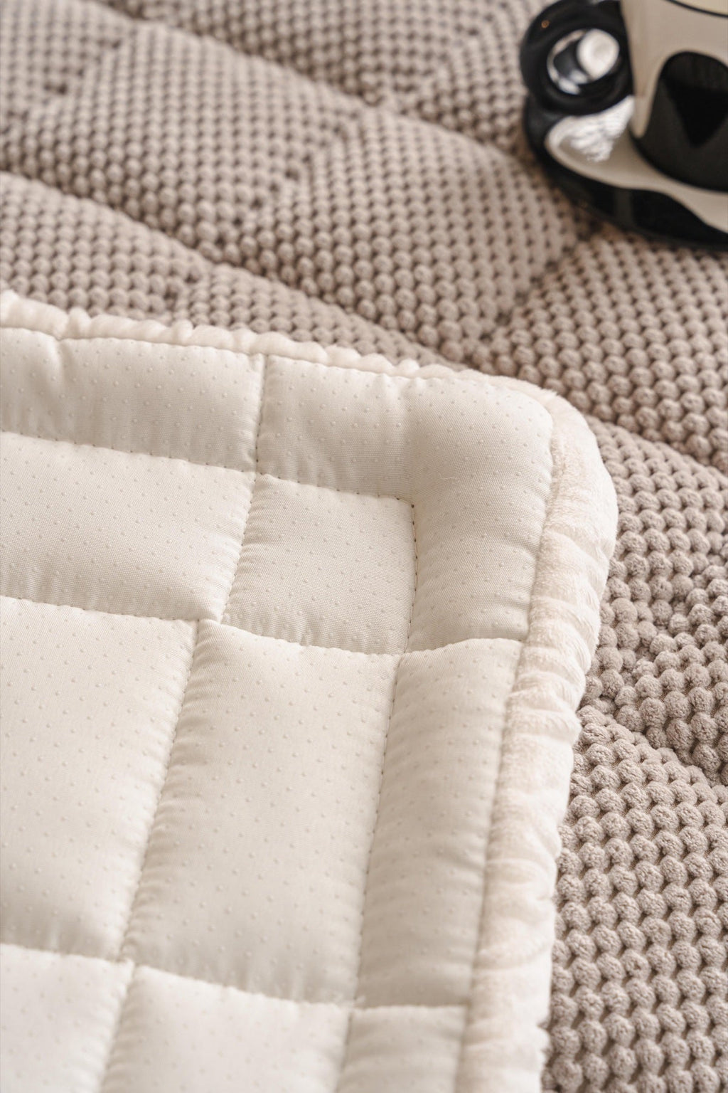 Sofa Decor Aspen Quilted Sherpa Sofa Seat Cover in Warm Taupe Sherpa - quilted fabric and sherpa edge detail for quilted sofa seat covers in the UK