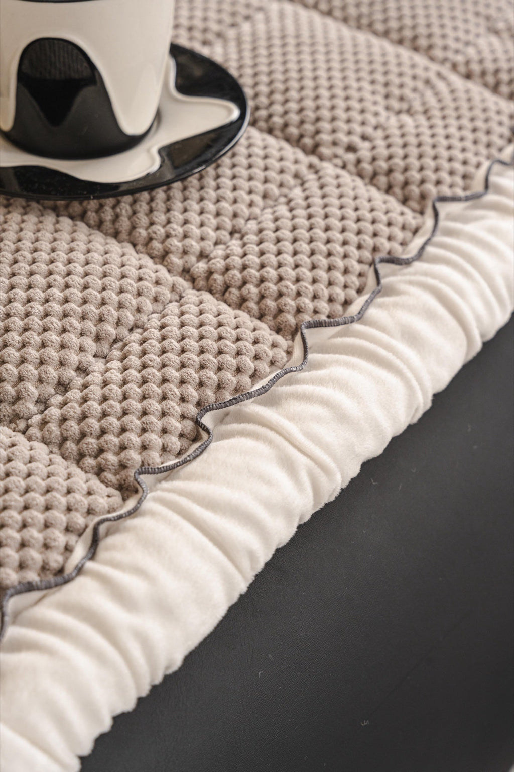 Sofa Decor Aspen Quilted Sherpa Sofa Seat Cover in Warm Taupe Sherpa - quilted fabric and sherpa edge detail for quilted sofa seat covers in the UK