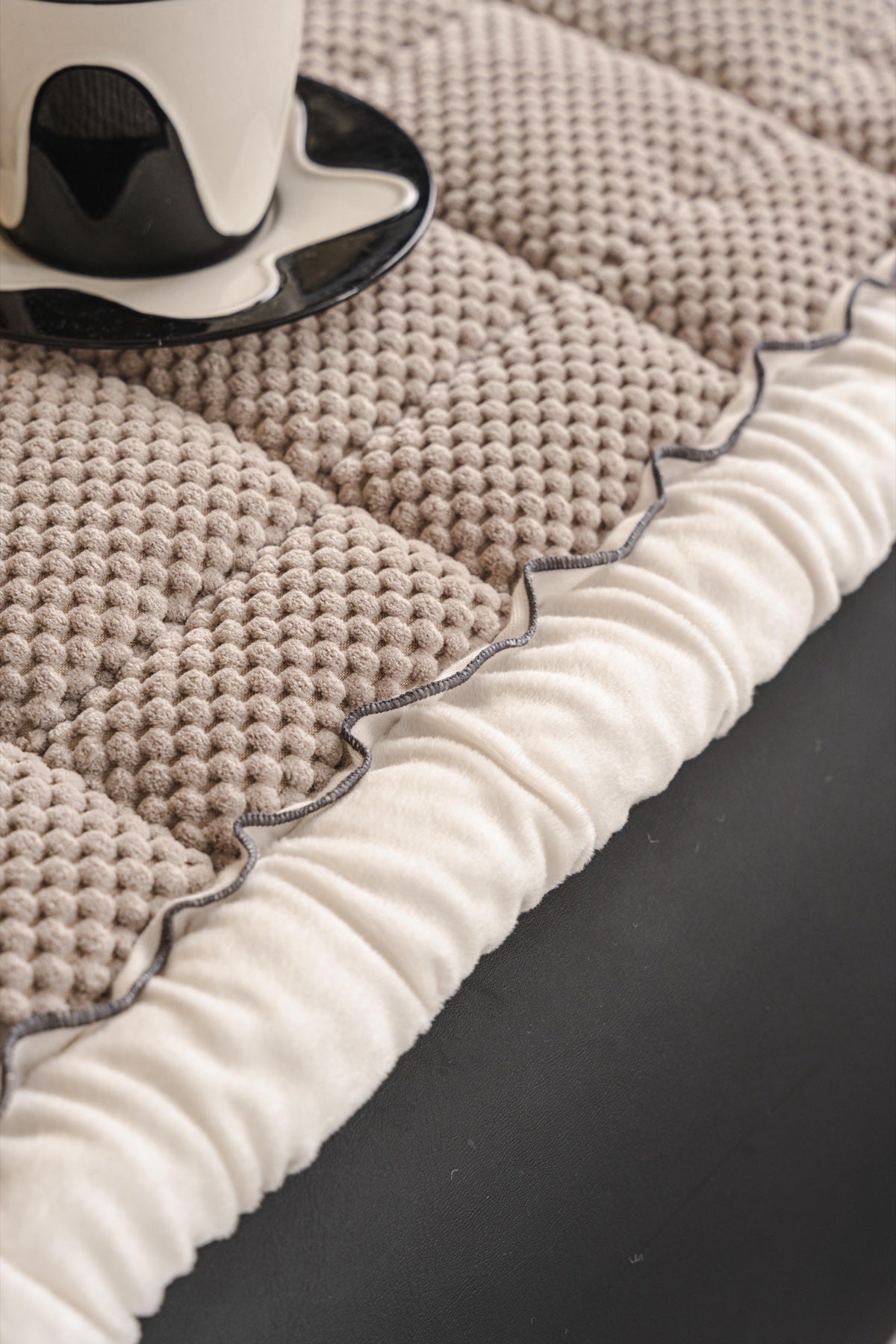 Sofa Decor Aspen Quilted Sherpa Sofa Seat Cover in Warm Taupe Sherpa - quilted fabric and sherpa edge detail for quilted sofa seat covers in the UK