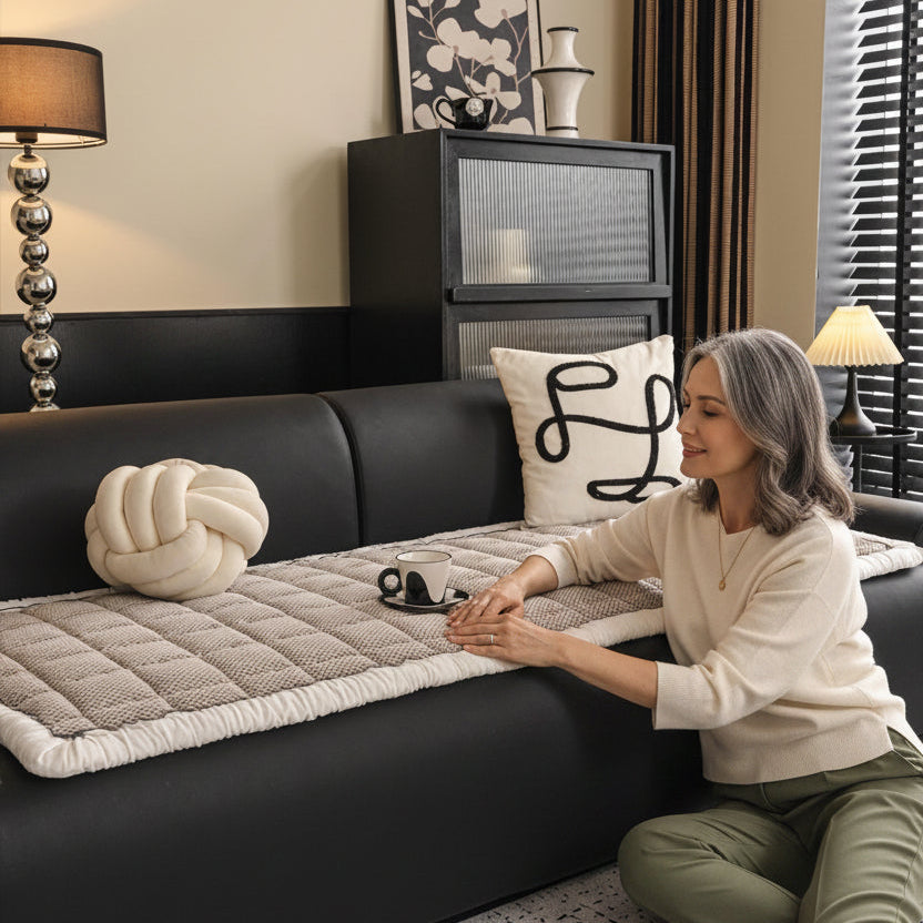Sofa Decor Aspen Quilted Sherpa Sofa Seat Cover in Warm Taupe Sherpa - styled quilted sofa seat cover for quilted sofa seat covers in the UK