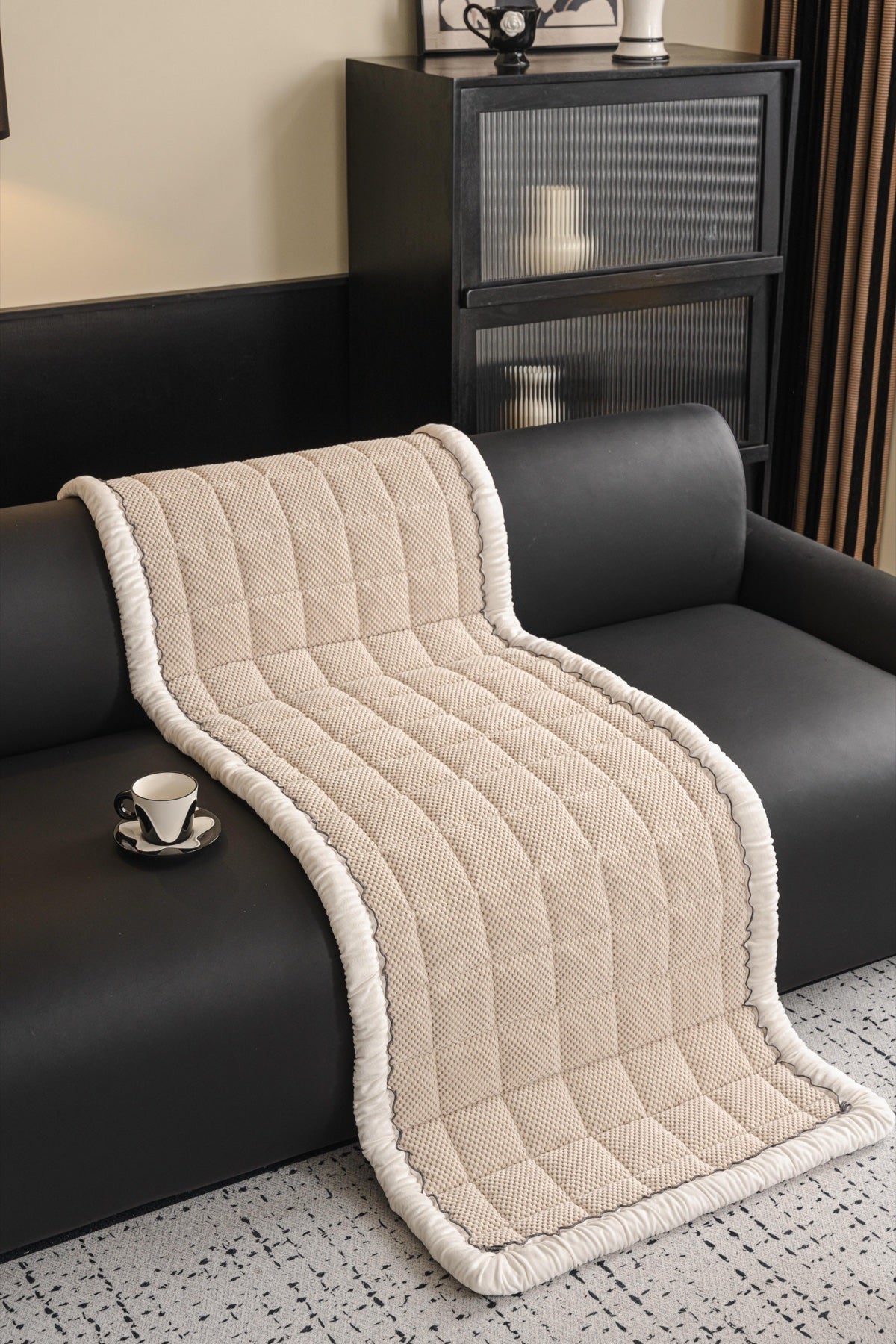 Sofa Decor Aspen Quilted Sherpa Sofa Seat Cover in Warm Taupe Sherpa - draped sofa fit view for quilted sofa seat covers in the UK