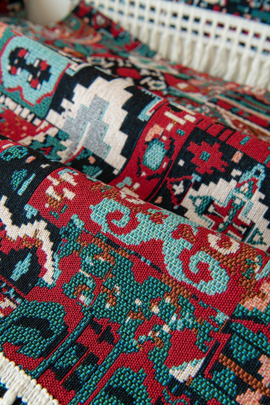 Sofa Decor Atlas Kilim Fringe Sofa Cover Piece - fabric texture and fringe detail for kilim fringe sofa cover piece in the UK, image 14