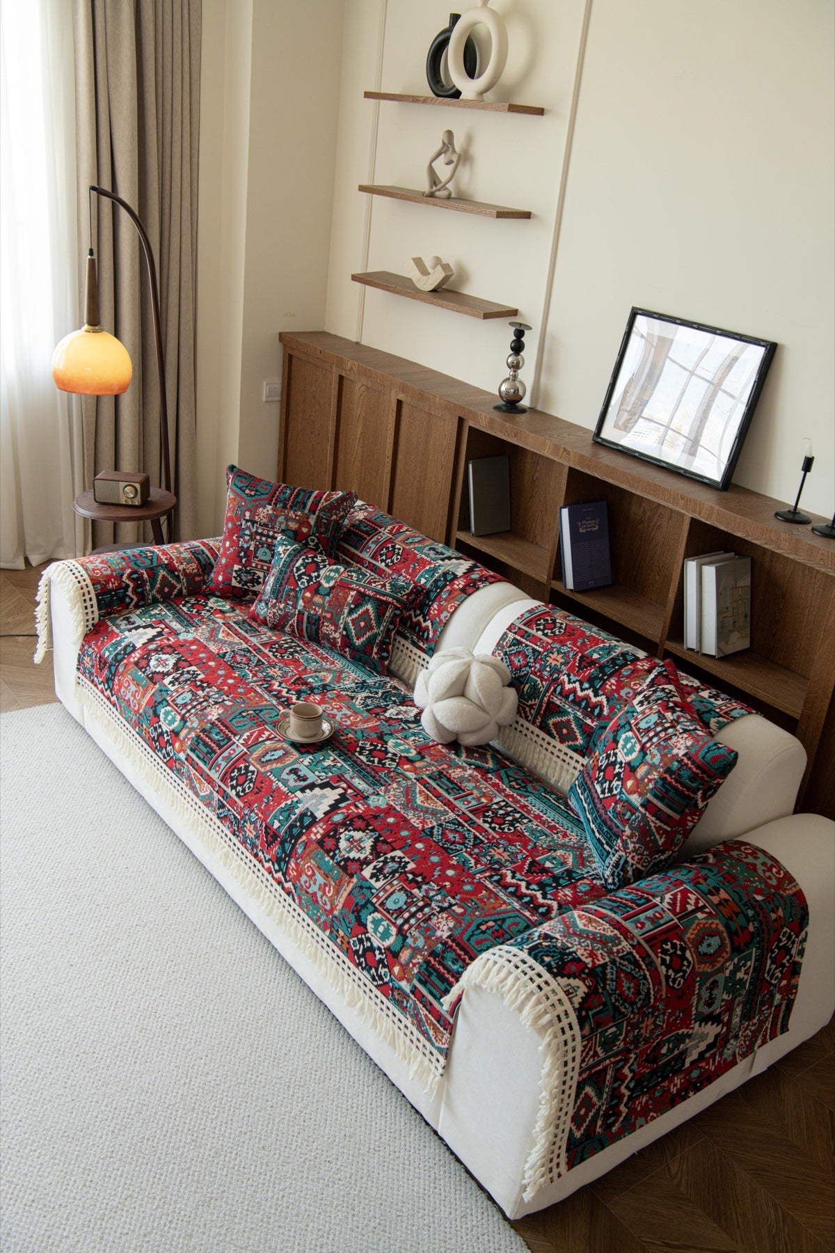 Sofa Decor Atlas Kilim Fringe Sofa Cover Piece - styled sofa fit view for kilim fringe sofa cover piece in the UK, image 4