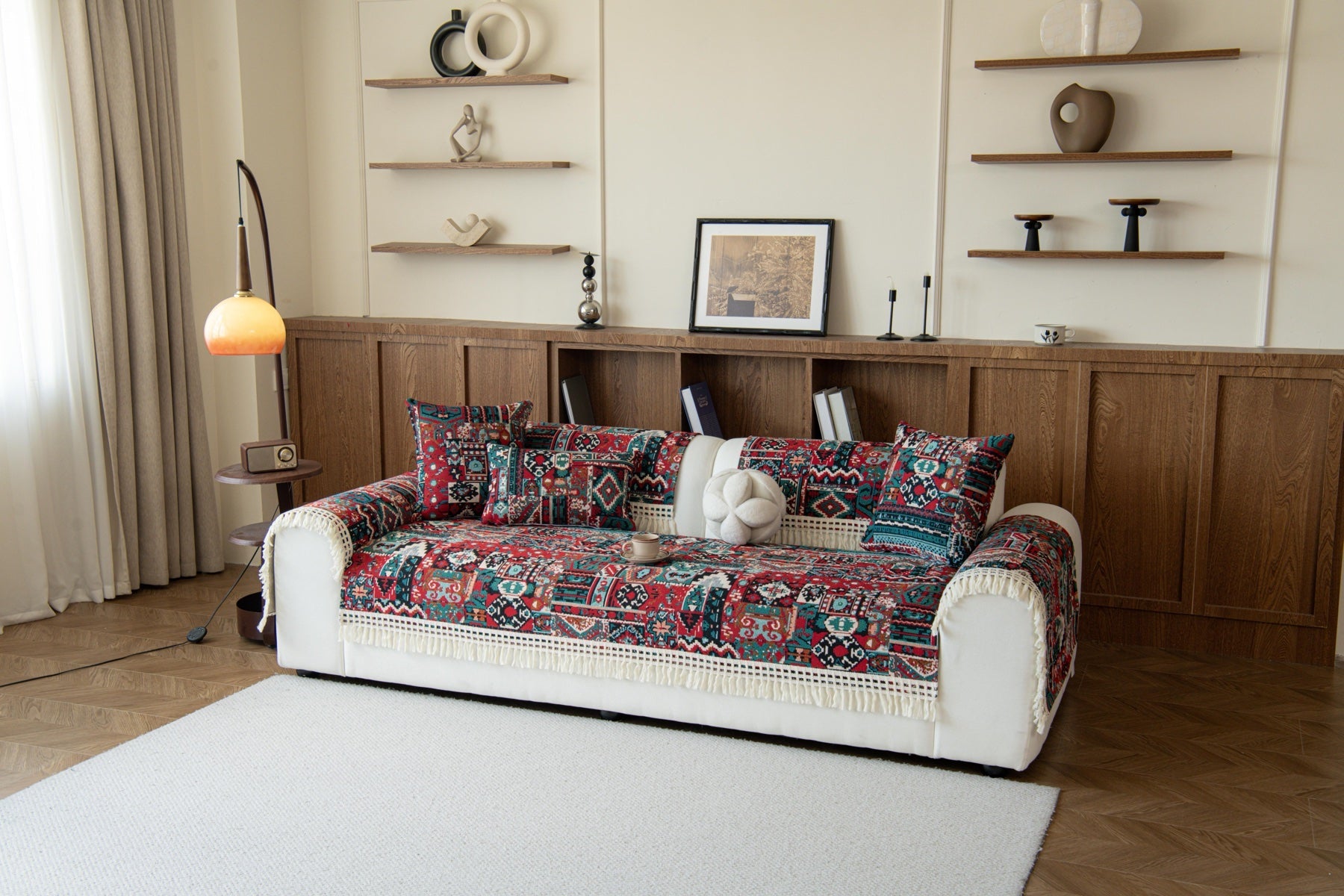 Sofa Decor Atlas Kilim Fringe Sofa Cover Piece - styled sofa fit view for kilim fringe sofa cover piece in the UK, image 6